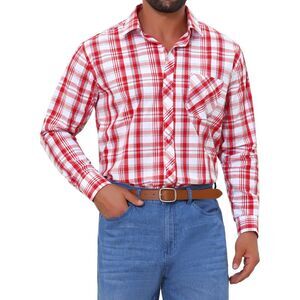 Long Sleeve Checked Dress Shirt Point Collar Button Plaid Shirt Red White